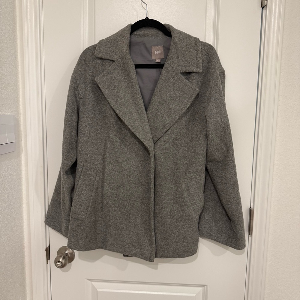 J. Jill Classic Gray Pea Coat Wool Blend Size Small Oversized Winter Minimalist
